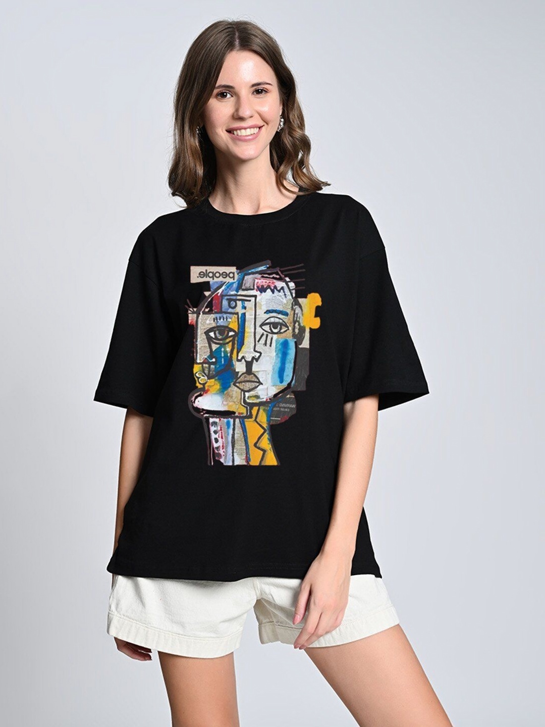 

OWL MINK Women Graphic Printed Round Neck Pure Cotton Relaxed Fit T-shirt, Black