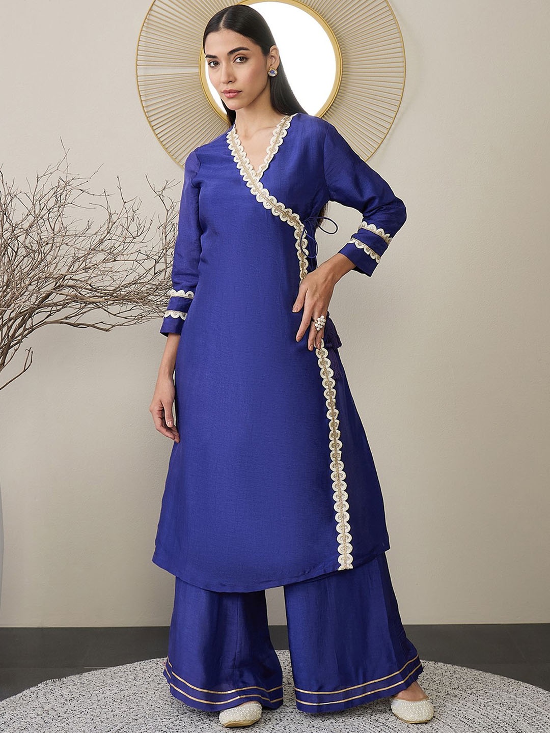 ADORNIA Angrakha Gotta Patti A-Line Kurta With Palazzos, Blue