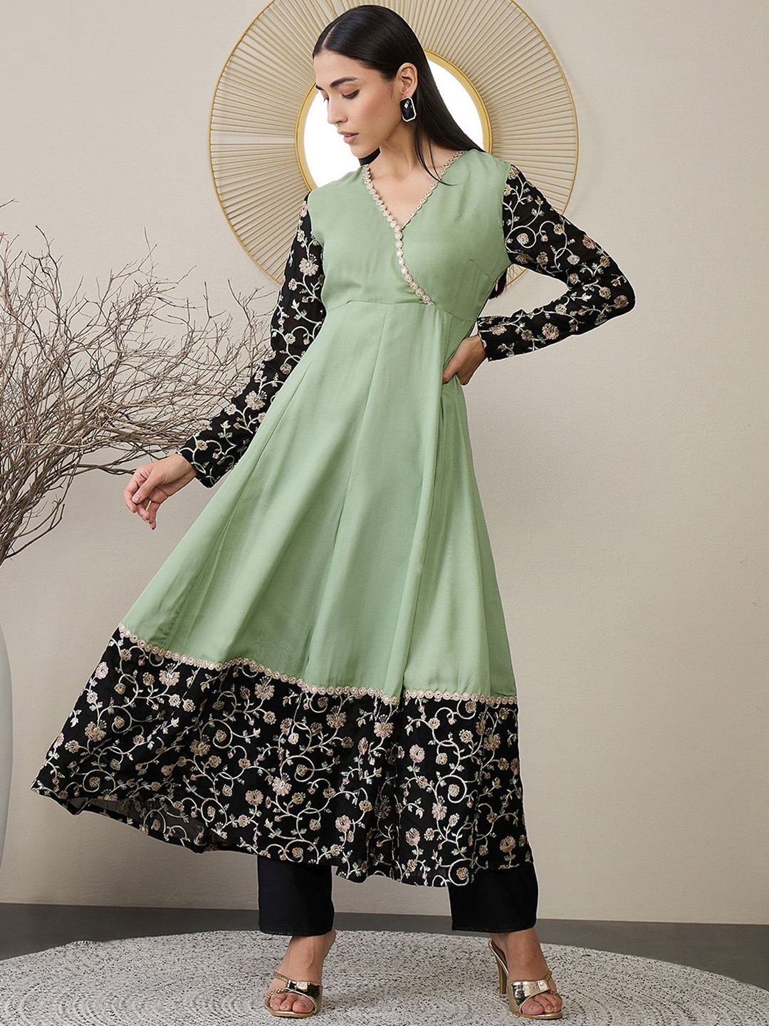 

ADORNIA Floral Embroidered V-Neck Georgette Anarkali Kurta With Trousers & Dupatta, Green