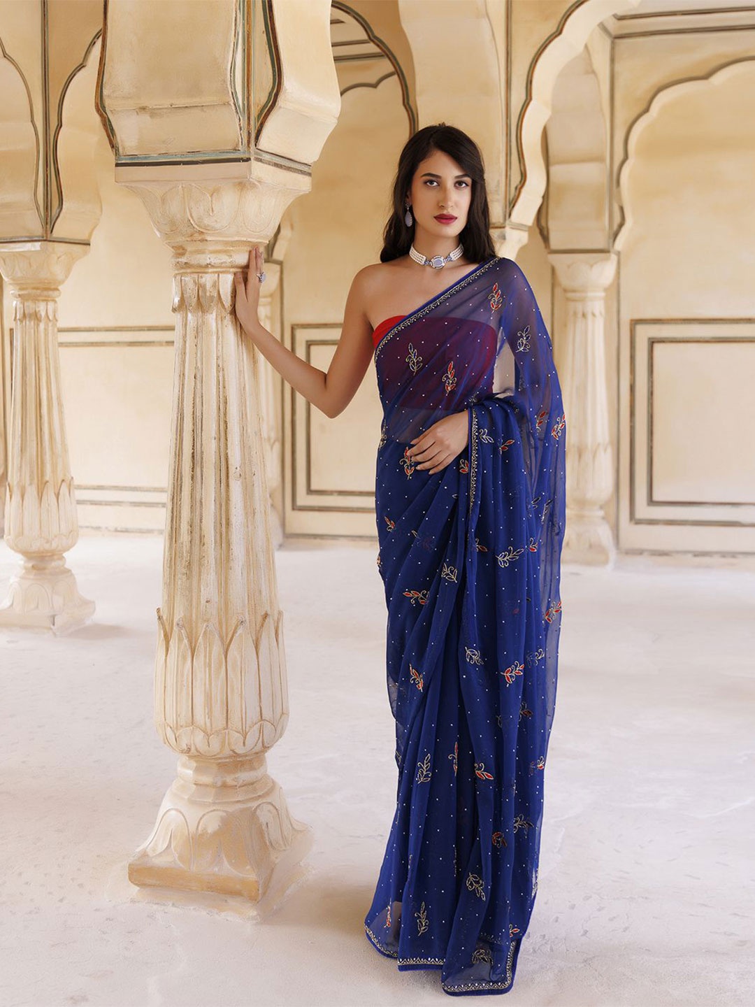 

Geroo Luxe Ethnic Motifs Aari Work Pure Chiffon Saree, Navy blue