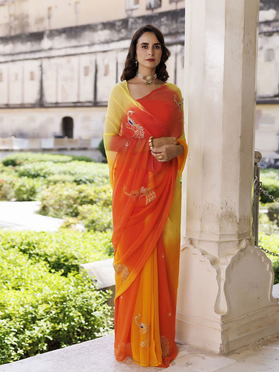 

Geroo Luxe Embellished Aari Work Pure Chiffon Saree, Orange