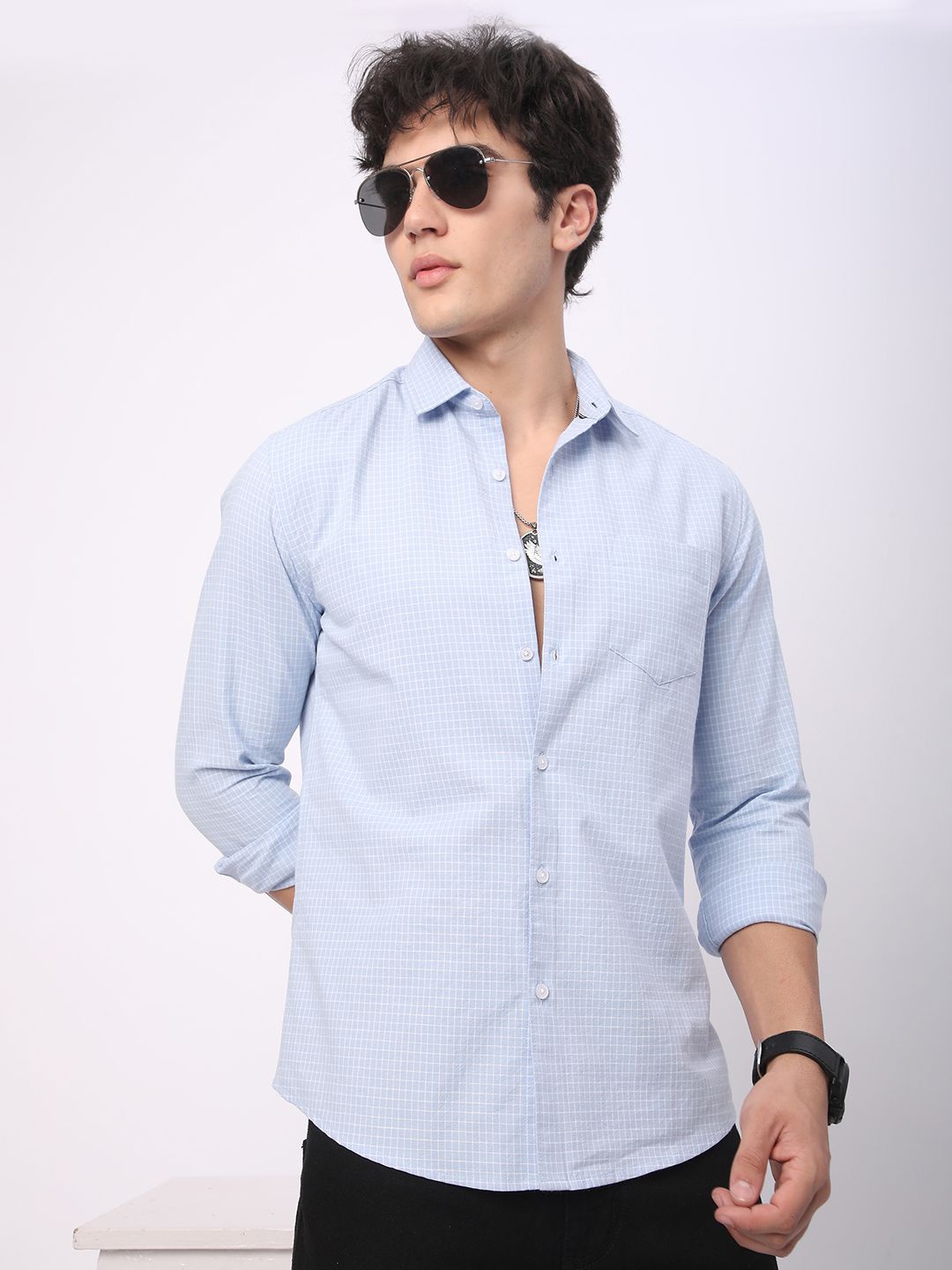 

VASTRADO Men Classic Fit Spread Collar Micro Checked Cotton Casual Shirt, Blue