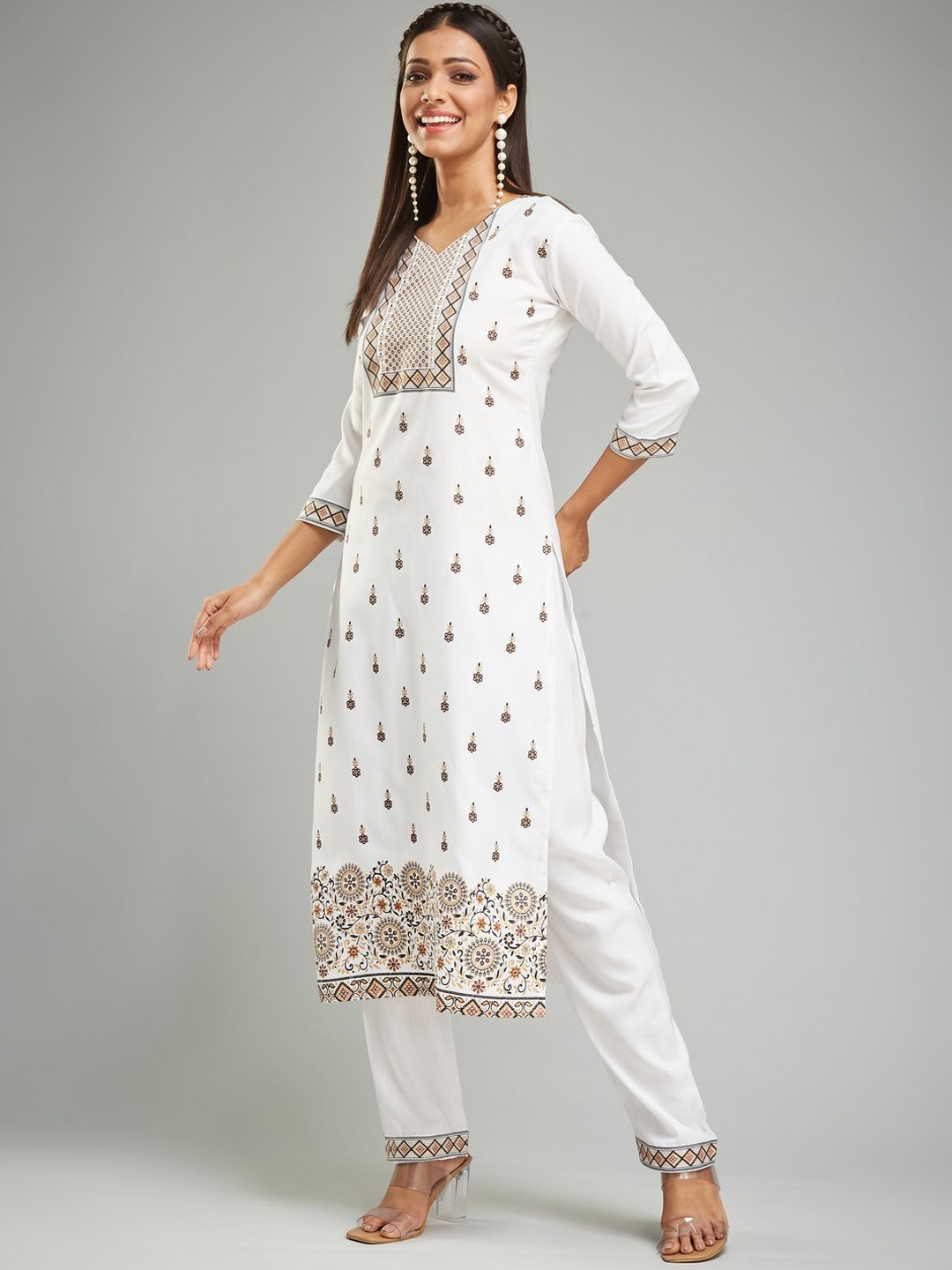 

KALINI Floral Printed Chanderi Silk Straight Kurta With Trousers & Dupatta, White
