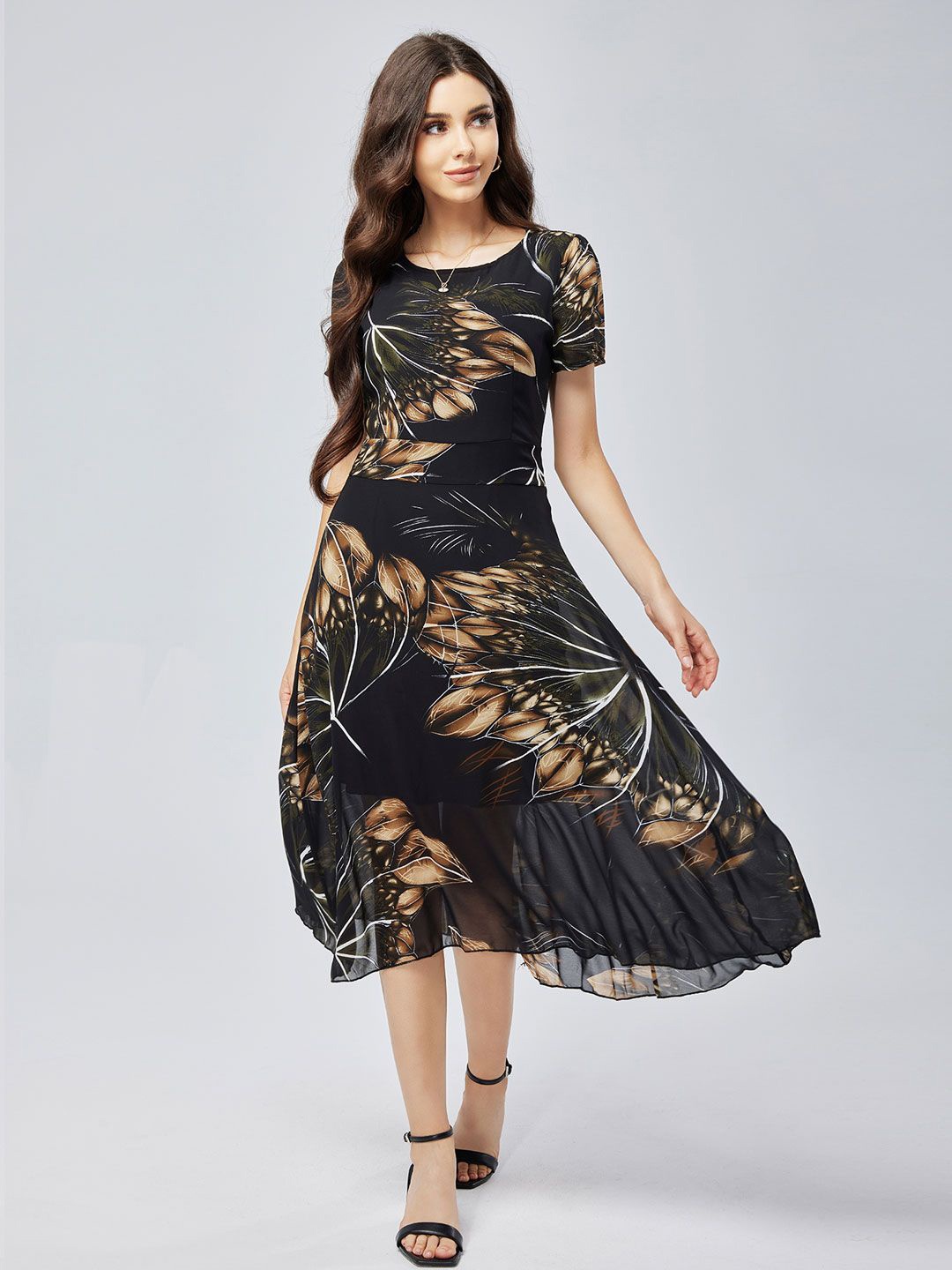

StyleCast Women Floral Printed Fit and Flare Midi Dress, Black