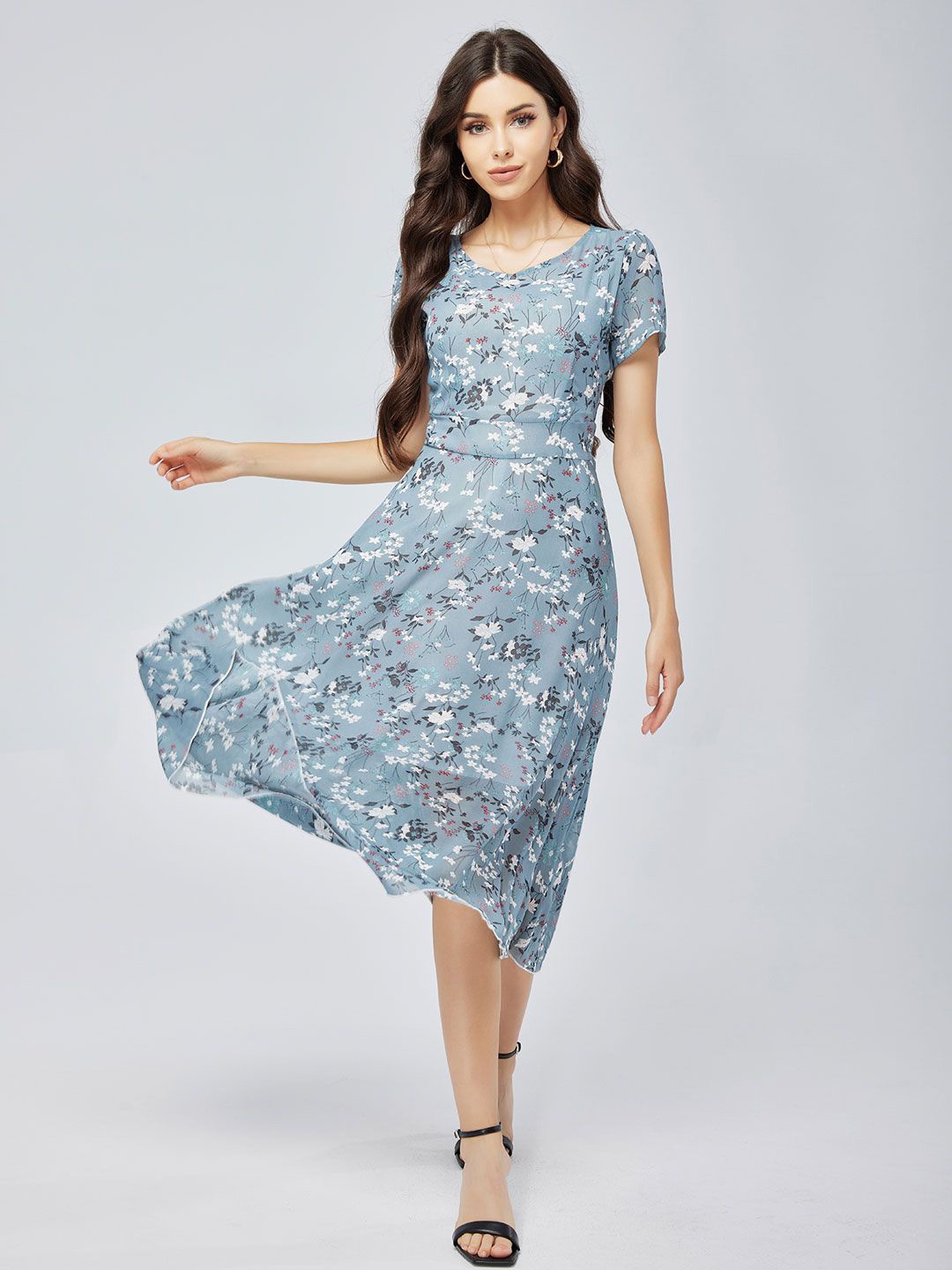 

StyleCast Women Cotton Floral Printed Fit and Flare Midi Dress, Blue