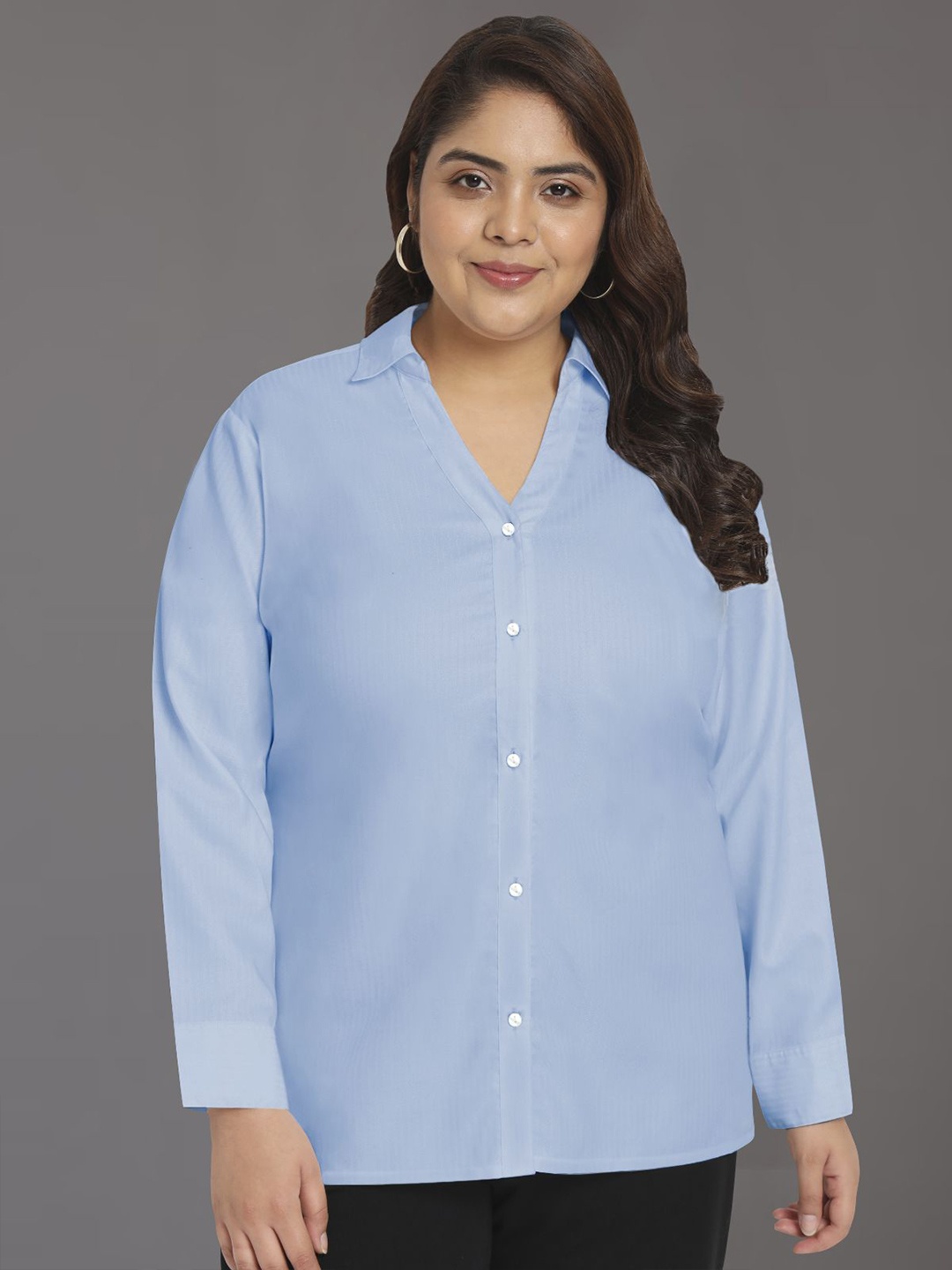 

wild U Women Plus Size Smart Fit Spread Collar Textured Cotton Formal Shirt, Blue
