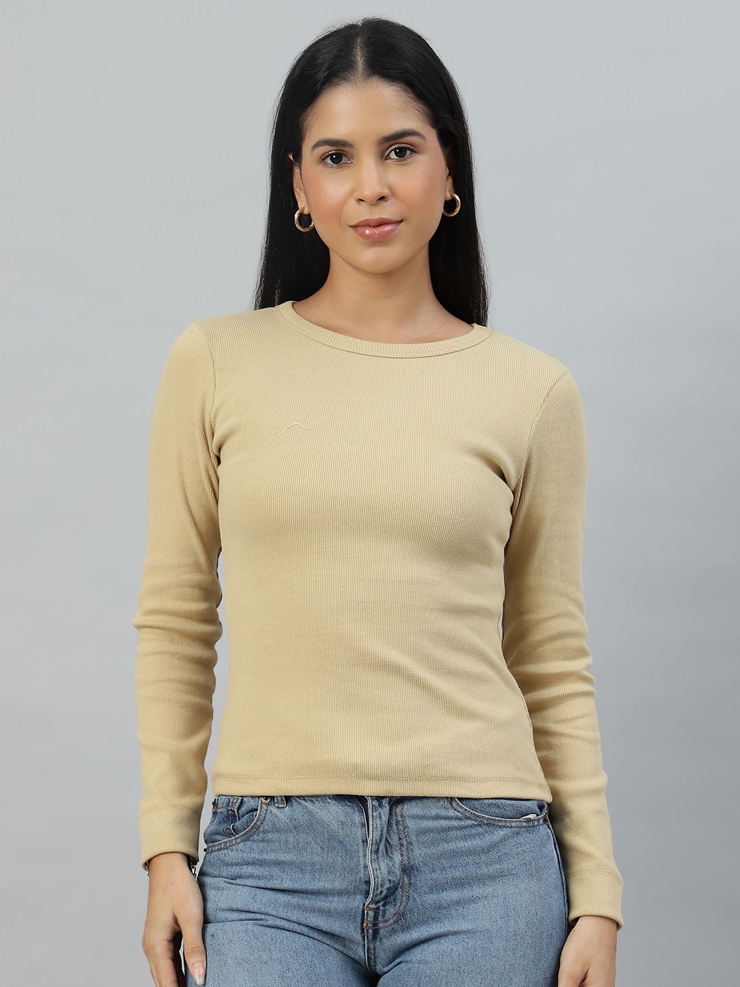 

UnaOne Women Ribbed Full Sleeve Fitted Cotton Top, Khaki