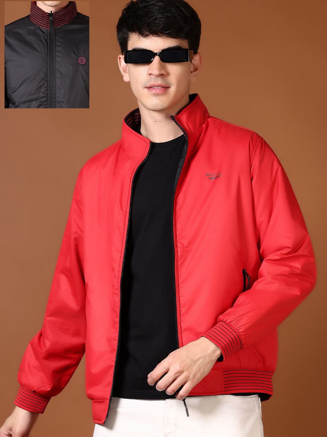 

V-Mart Men Mock Collar Solid Cotton Casual Reversible Bomber Jacket, Red