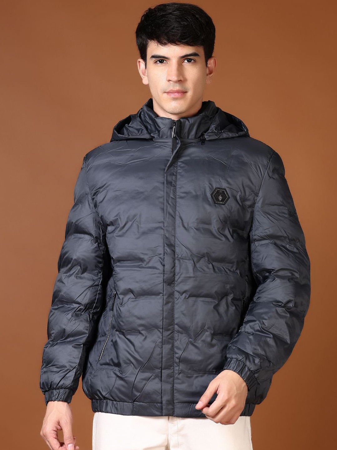 

V-Mart Men Hooded Solid Cotton Casual Puffer Jacket, Navy blue