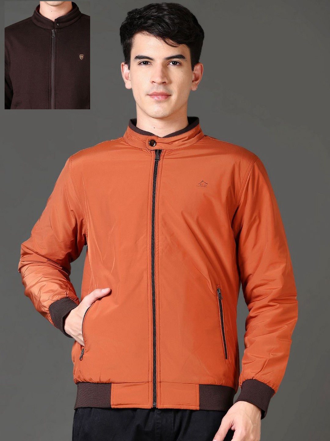 

V-Mart Men Mandarin Collar Solid Cotton Casual Reversible Bomber Jacket, Rust