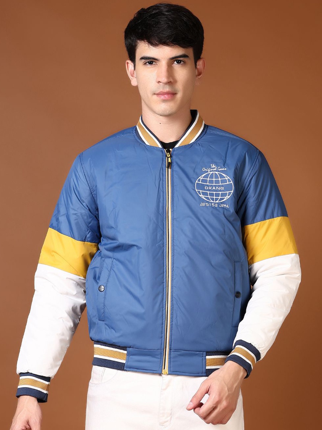 

V-Mart Men Stand Collar Colourblocked Cotton Casual Bomber Jacket, Blue