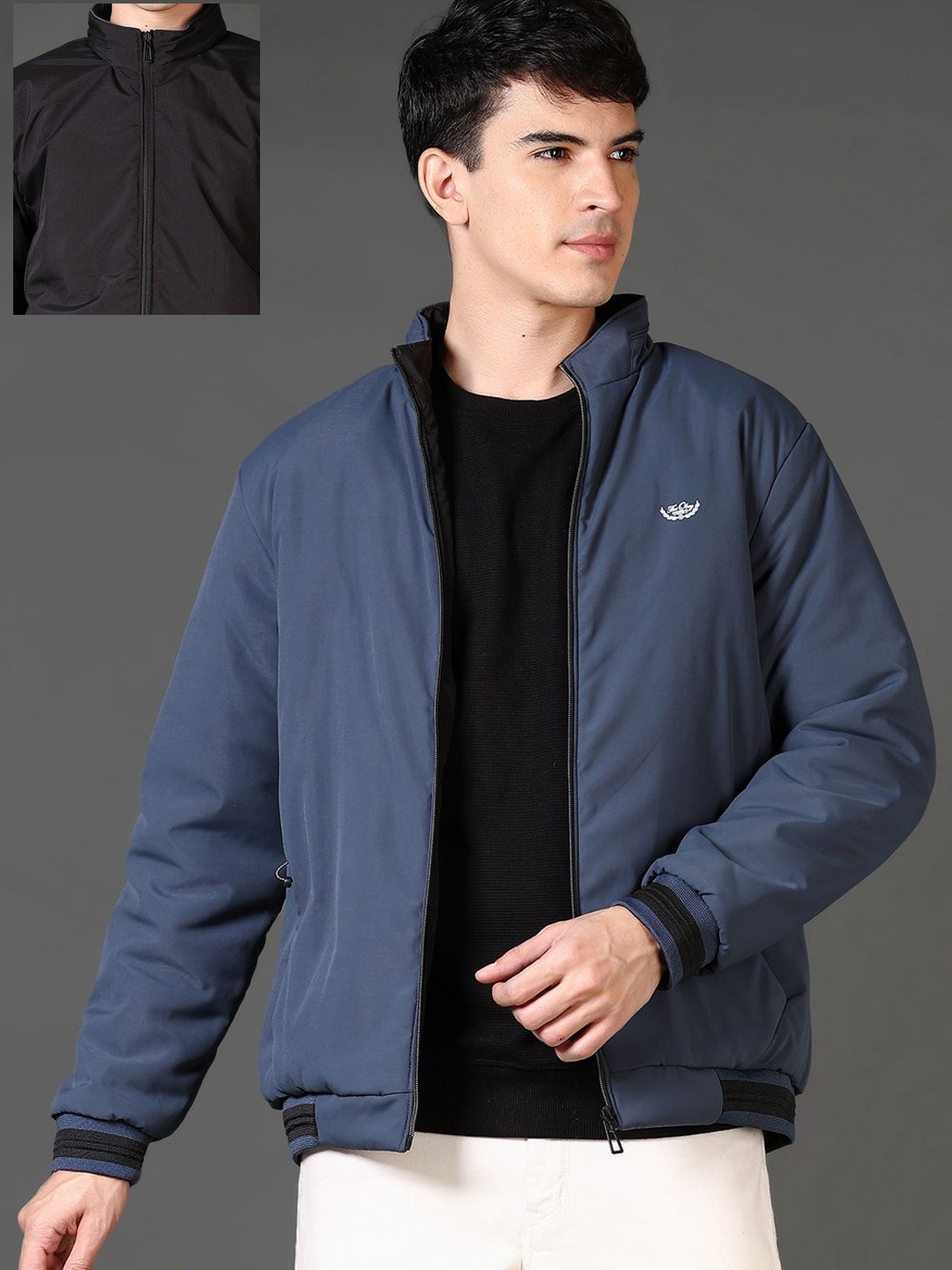 

V-Mart Men Mock Collar Solid Cotton Casual Reversible Bomber Jacket, Teal