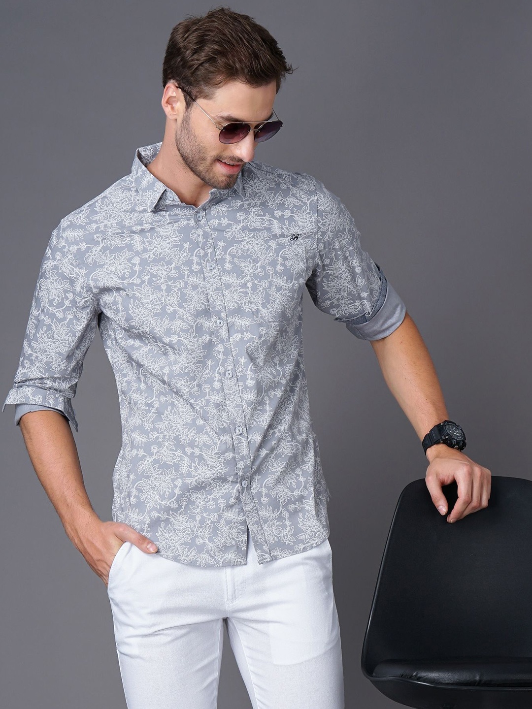 

British Club Men Classic Spread Collar Floral Printed Cotton Casual Shirt, Grey