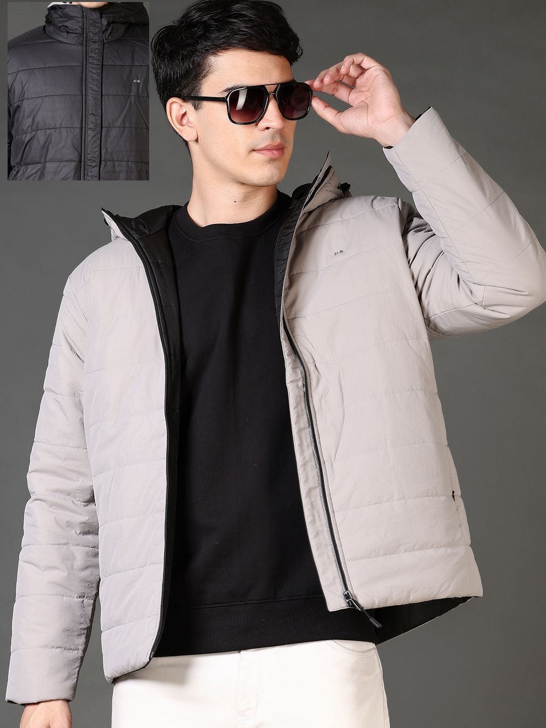 V-Mart Men Hooded Solid Cotton Casual Reversible Puffer Jacket, Grey