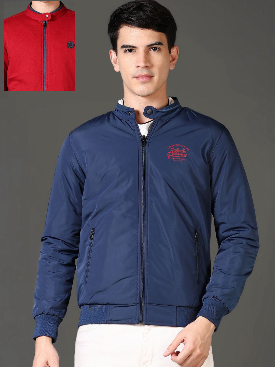 

V-Mart Men Mandarin Collar Solid Cotton Casual Reversible Bomber Jacket, Blue