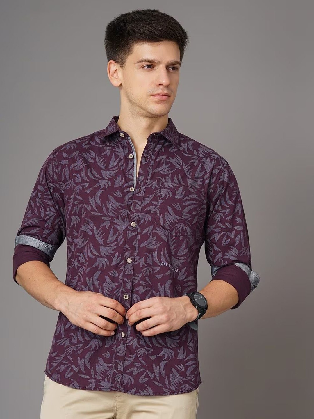 

British Club Men Classic Fit Spread Collar Abstract Printed Cotton Casual Shirt, Burgundy