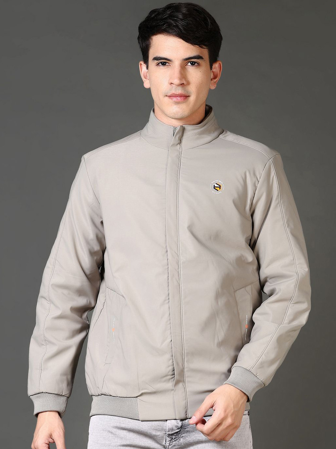 

V-Mart Men Mock Collar Solid Cotton Casual Bomber Jacket, Grey