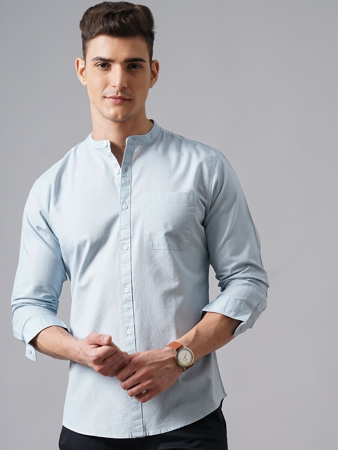 

British Club Men Classic Mandarin Collar Solid Cotton Casual Shirt, Blue