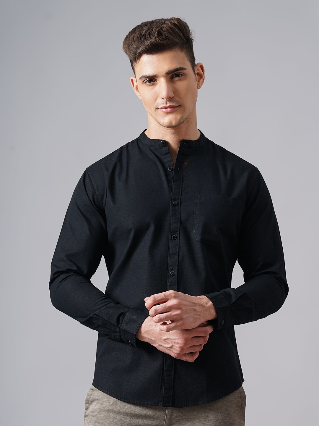 British Club Men Classic Mandarin Collar Solid Cotton Casual Shirt, Black