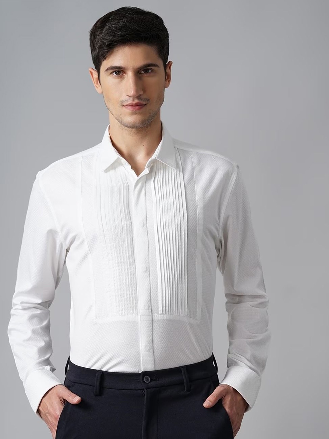 

British Club Men Classic Spread Collar Textured Cotton Formal Shirt, White
