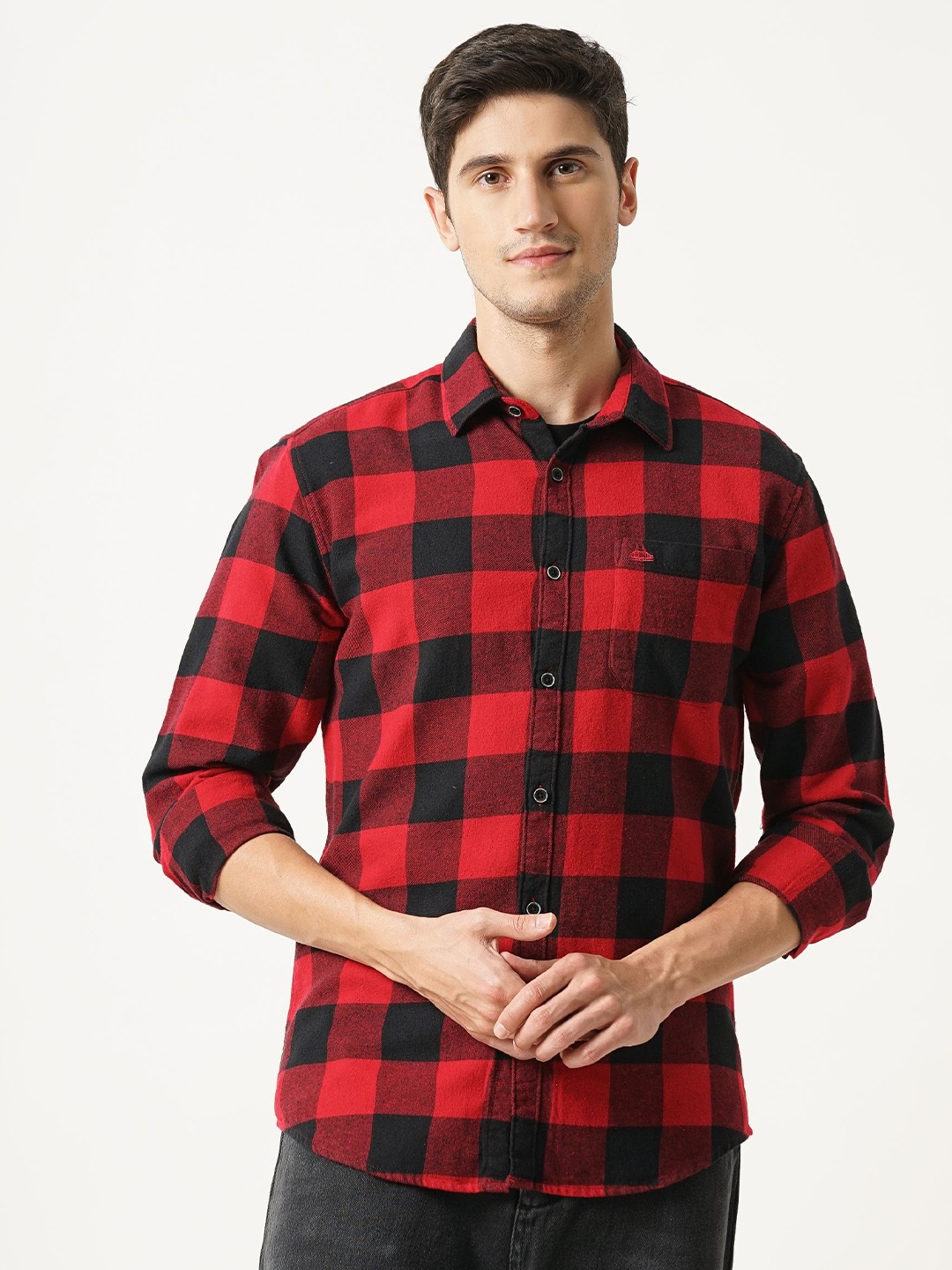 

British Club Men Classic Spread Collar Windowpane Checked Cotton Relaxed Fit Casual Shirt, Red