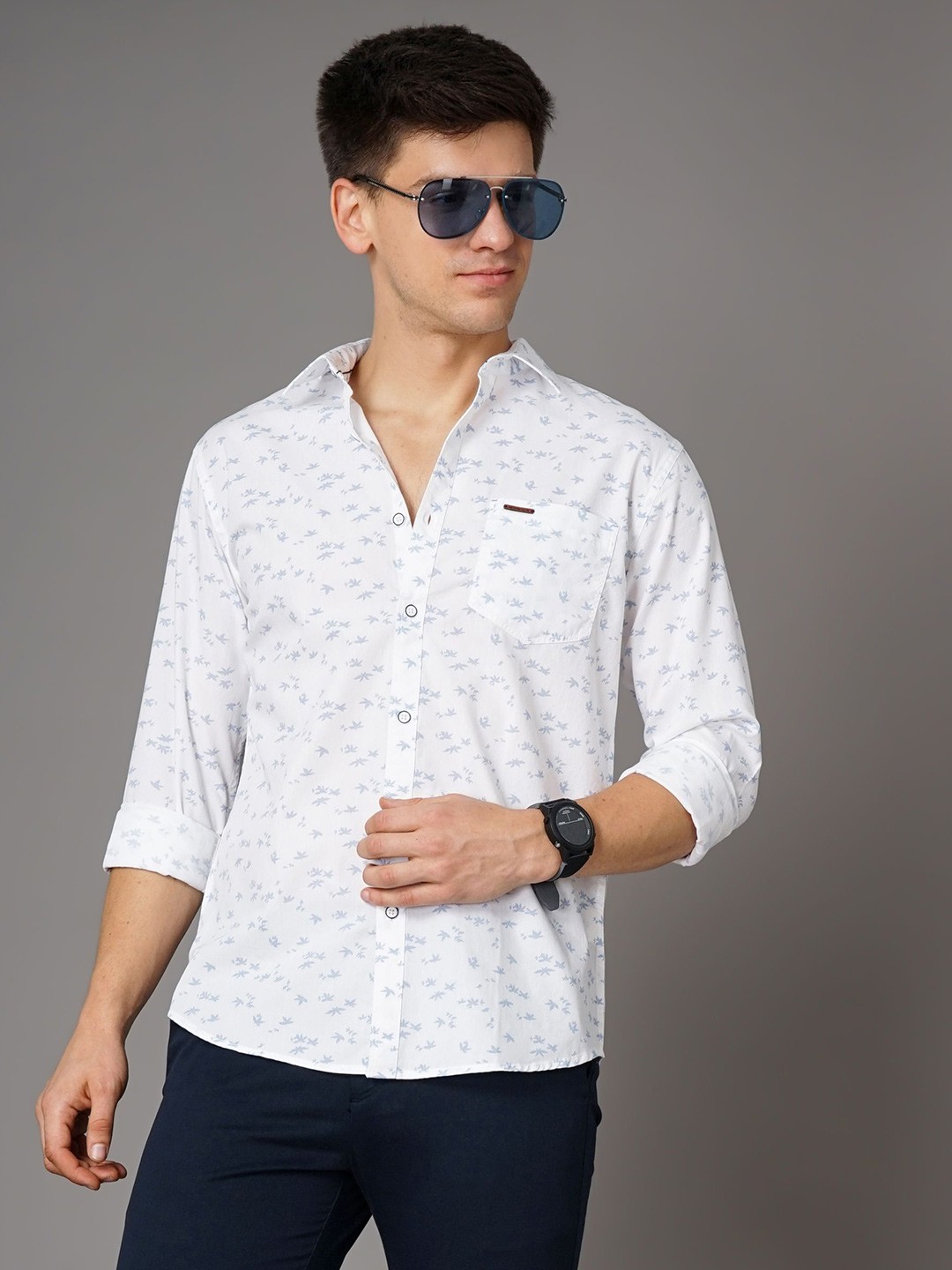 

British Club Men Classic Spread Collar Floral Printed Cotton Casual Shirt, White