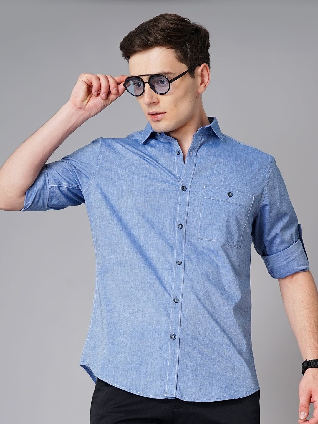 

British Club Men Classic Spread Collar Solid Cotton Casual Shirt, Blue