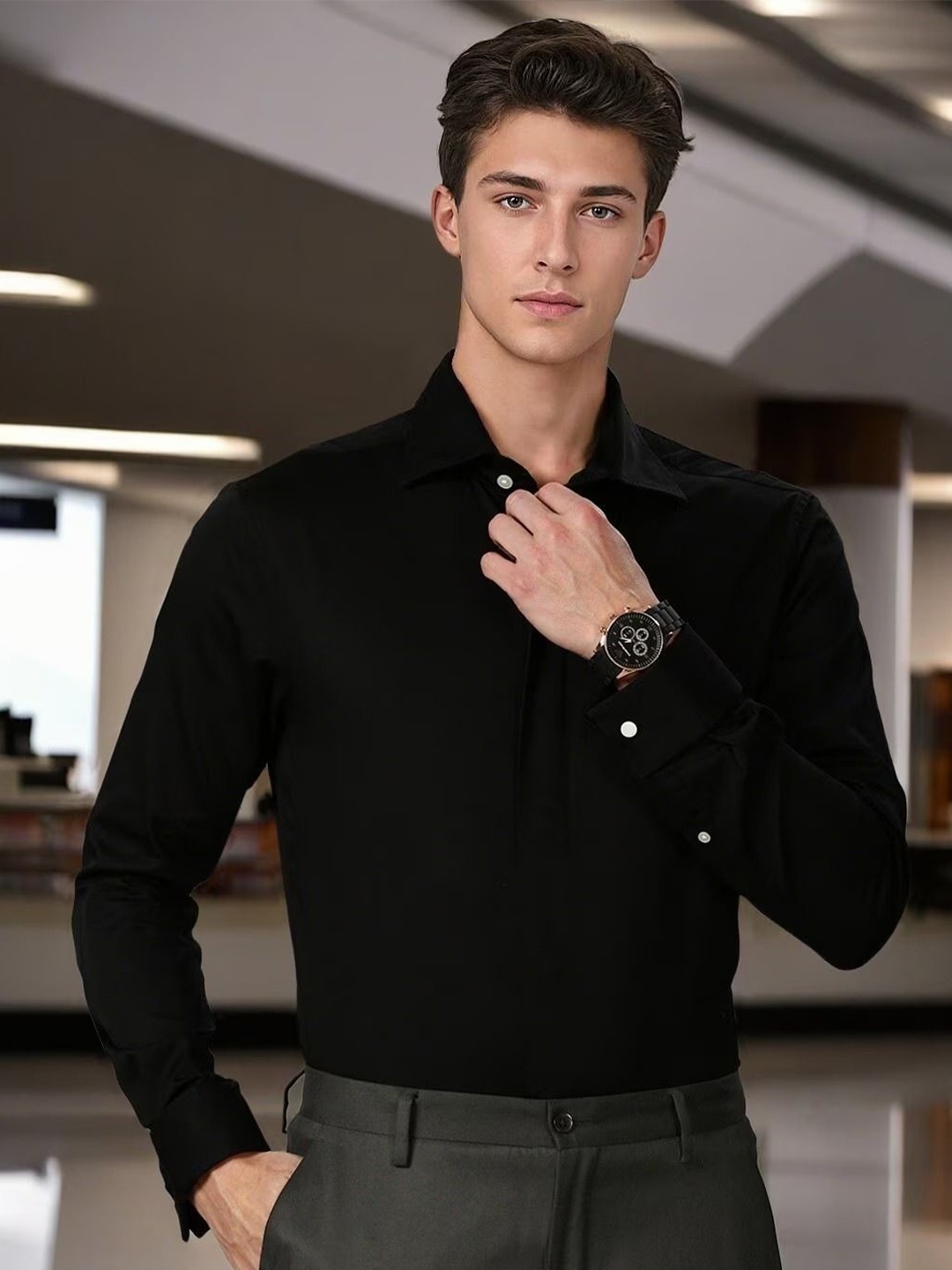 

British Club Men Classic Cutaway Collar Solid Cotton Slim Fit Casual Shirt, Black