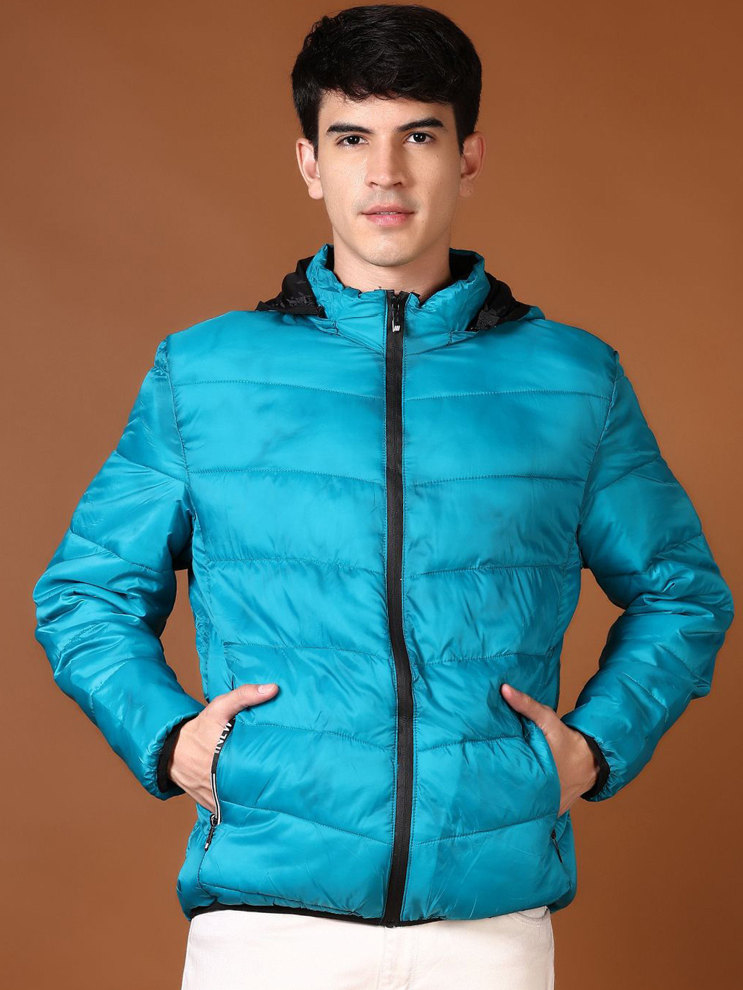 

V-Mart Men Hooded Solid Cotton Casual Puffer Jacket, Turquoise blue