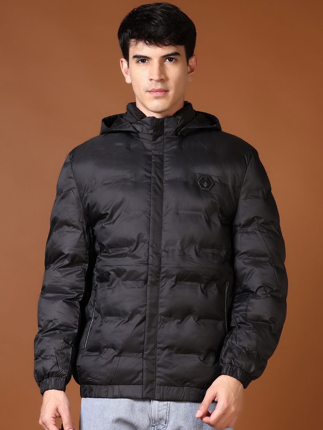 V-Mart Men Hooded Solid Cotton Casual Puffer Jacket, Black