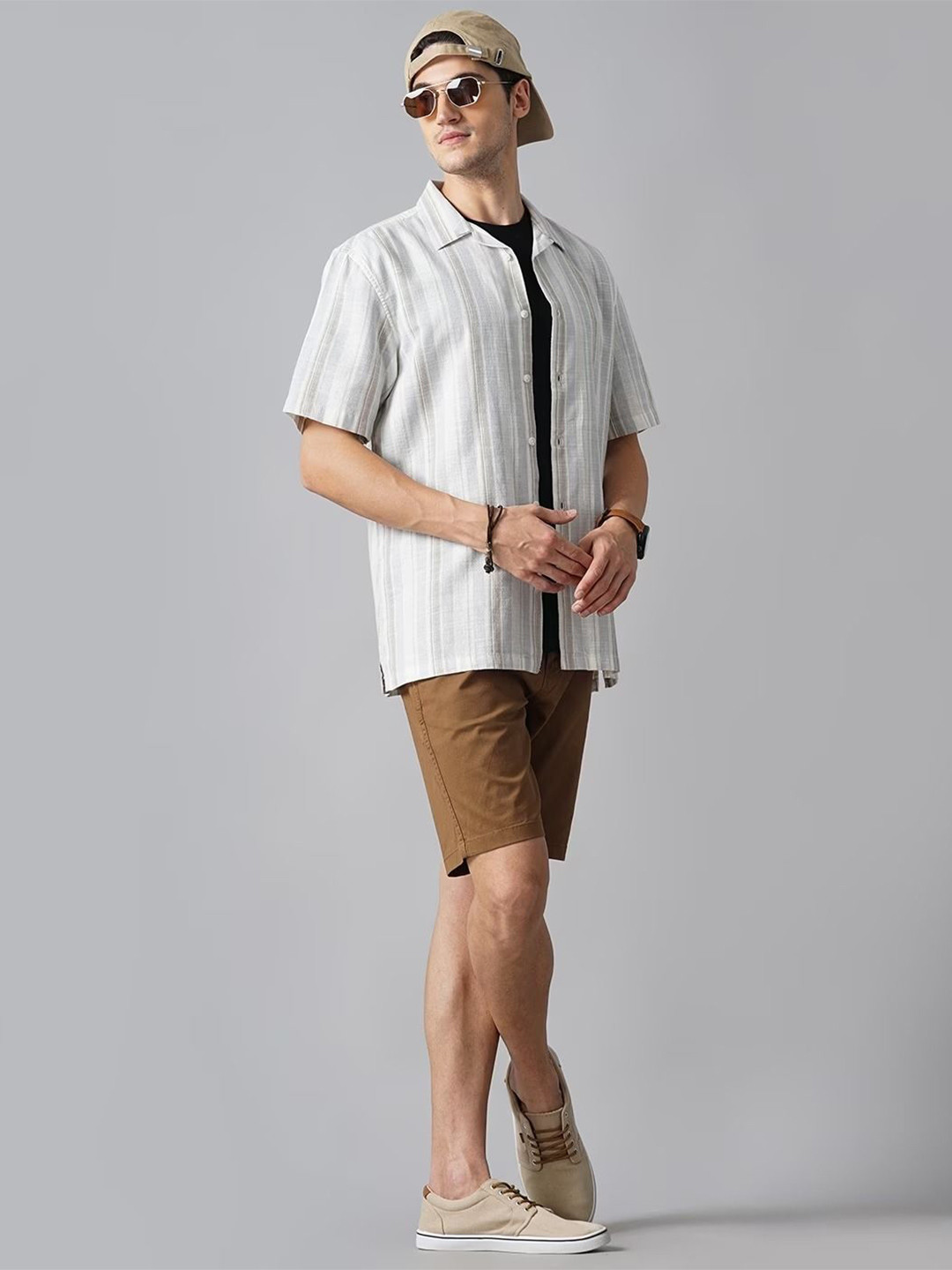 

British Club Men Classic Fit Spread Collar Vertical Striped Cotton Casual Shirt, Grey