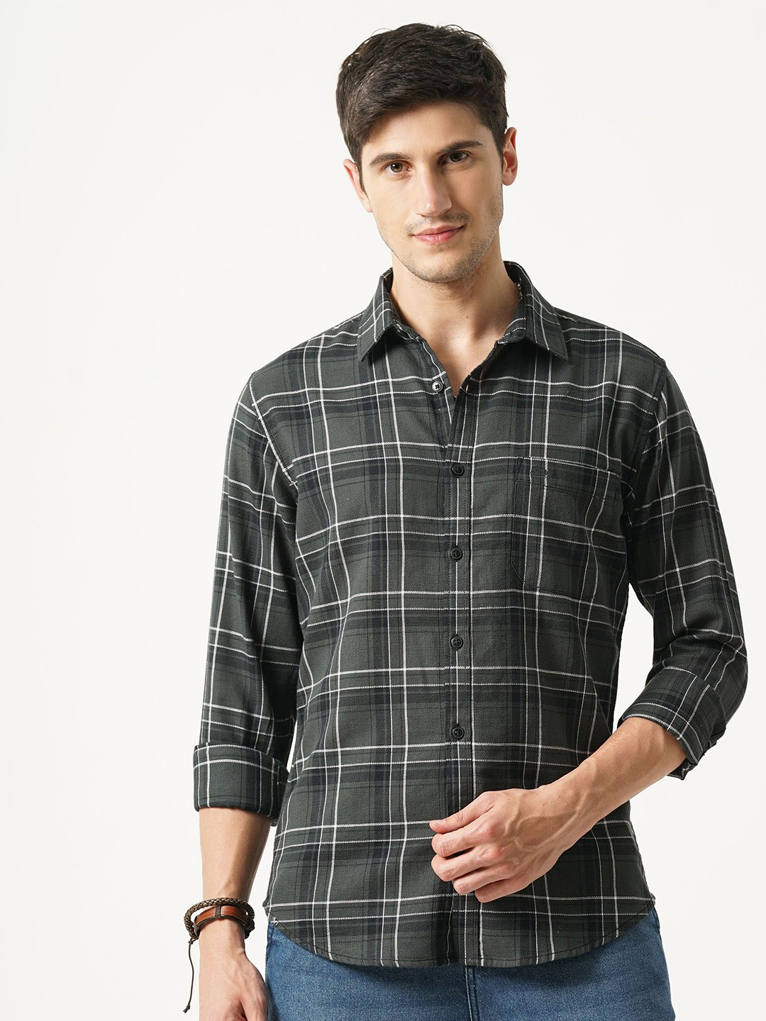 

British Club Men Classic Fit Cutaway Collar Tartan Checked Cotton Casual Shirt, Olive