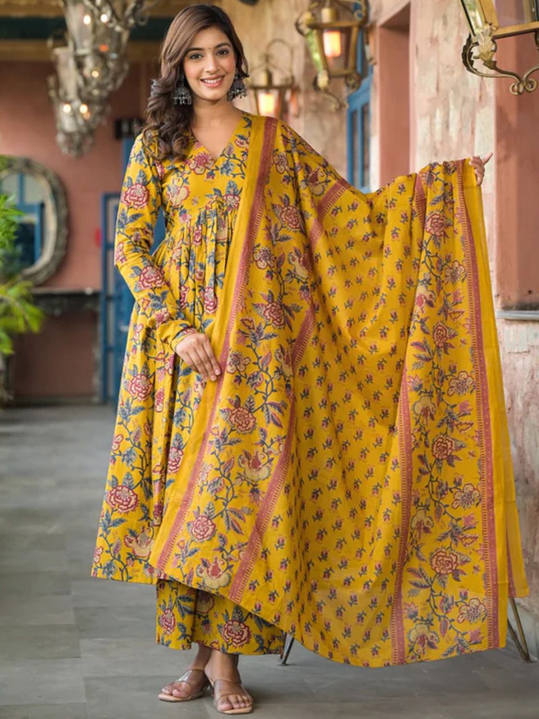 

KALINI Floral Printed Pure Cotton Kurta with Palazzos & Dupatta, Yellow