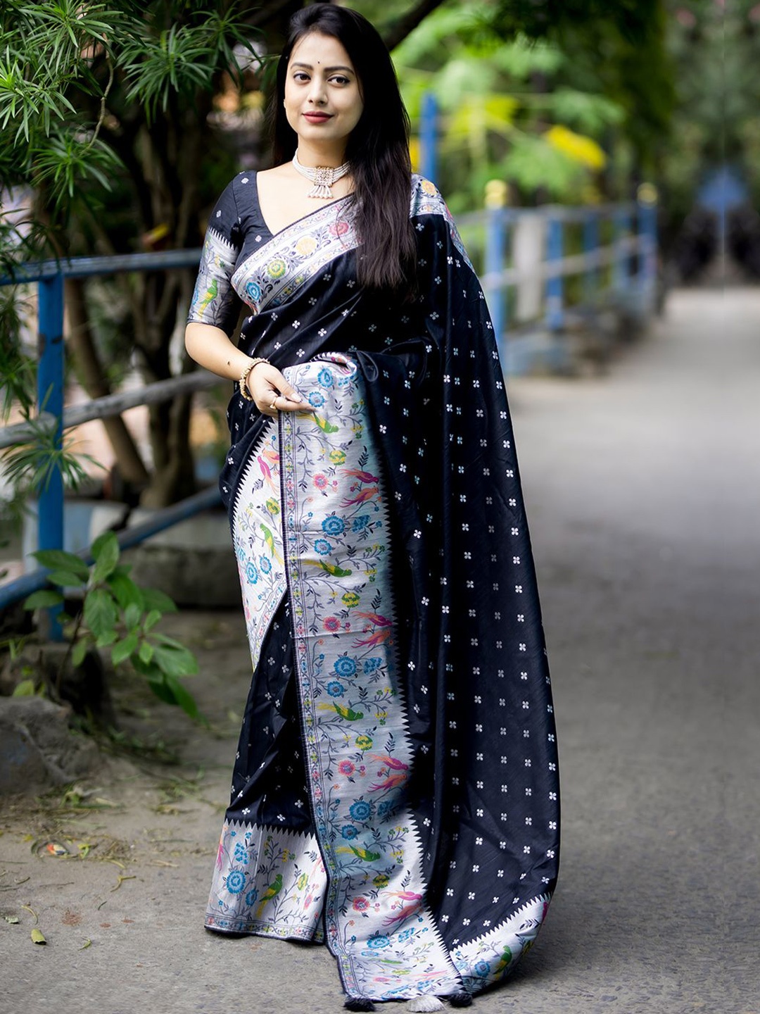 

Mitera Ethnic Motifs Woven Design Zari Paithani Saree, Black