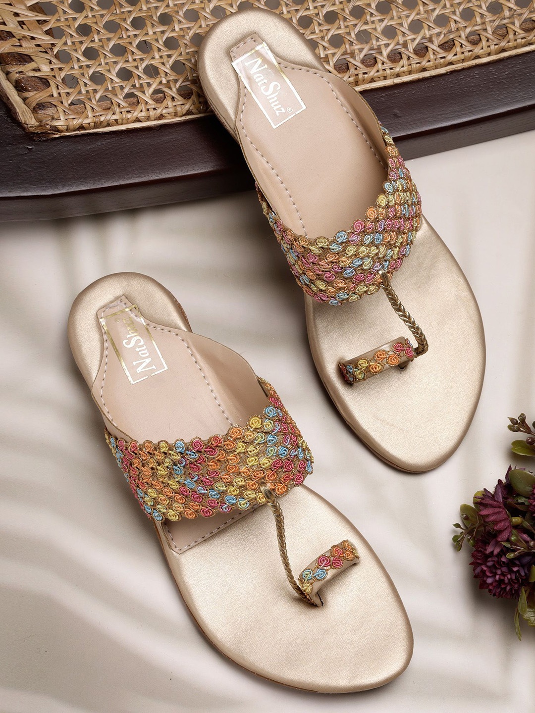 

NATSHUZ Women Open Toe Flats, Gold