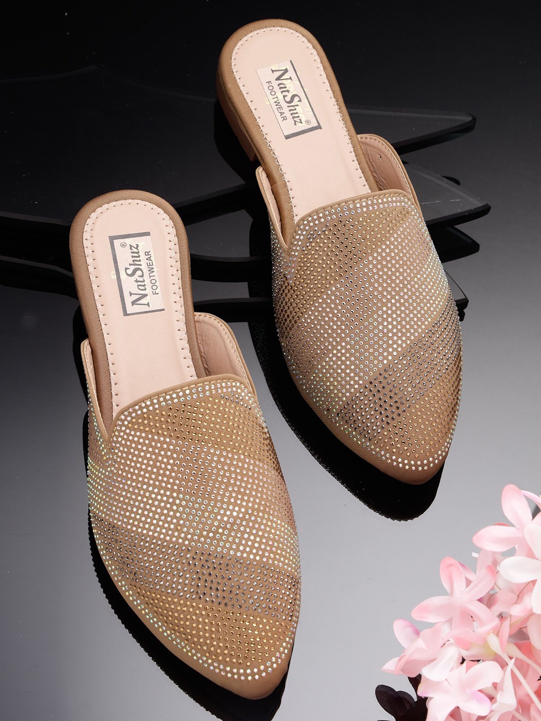 

NATSHUZ Embellished Comfort Heel Mules, Beige