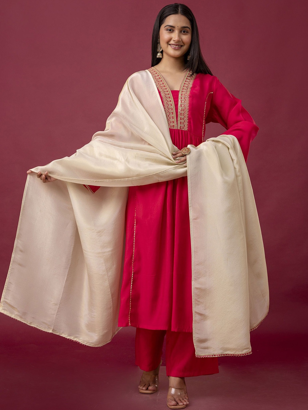 

Chandbaali V-Neck Regular Gotta Patti A-Line Kurta with Trousers & Dupatta, Fuchsia