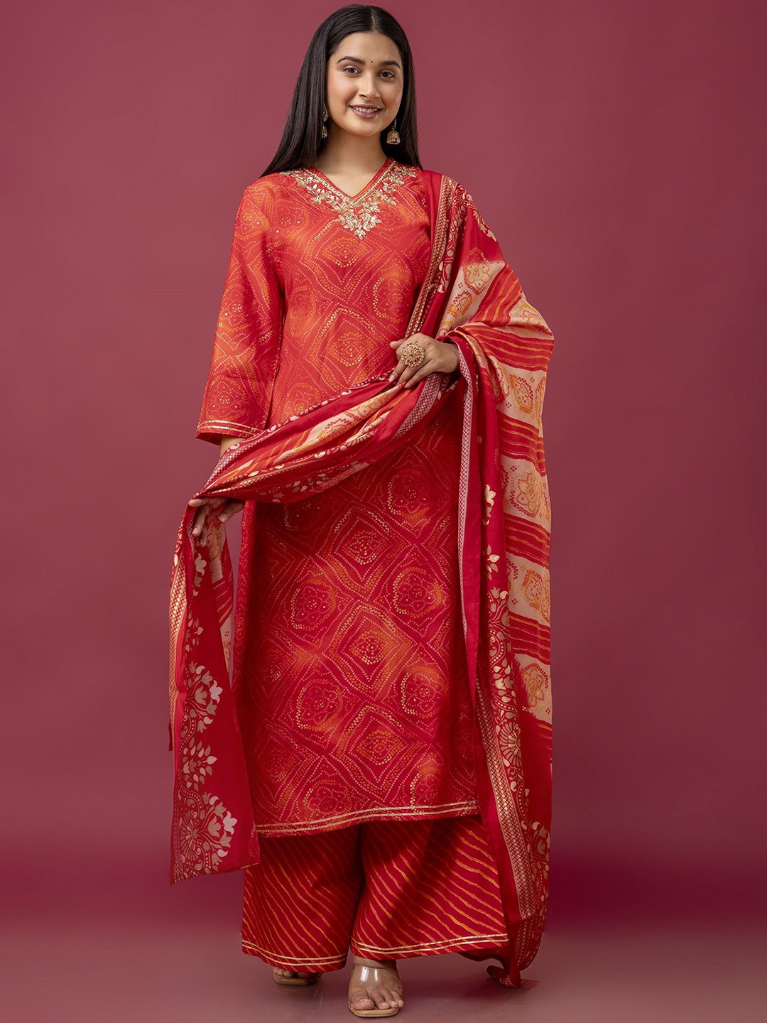 

Chandbaali Bandhani Printed Regular Straight Kurta with Palazzos & Dupatta, Red