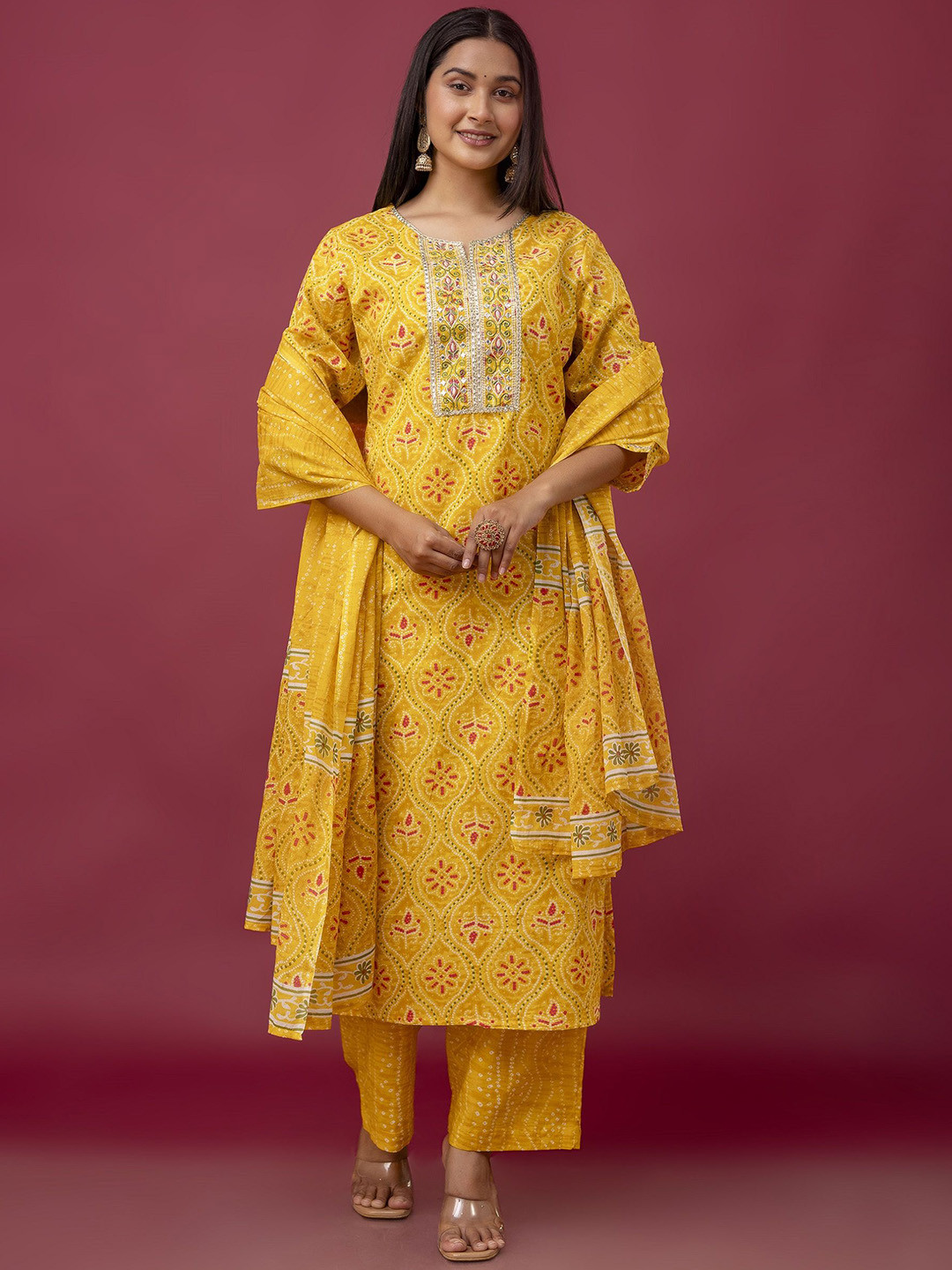 

Chandbaali Floral Printed Regular Pure Cotton Straight Kurta with Trousers & Dupatta, Yellow