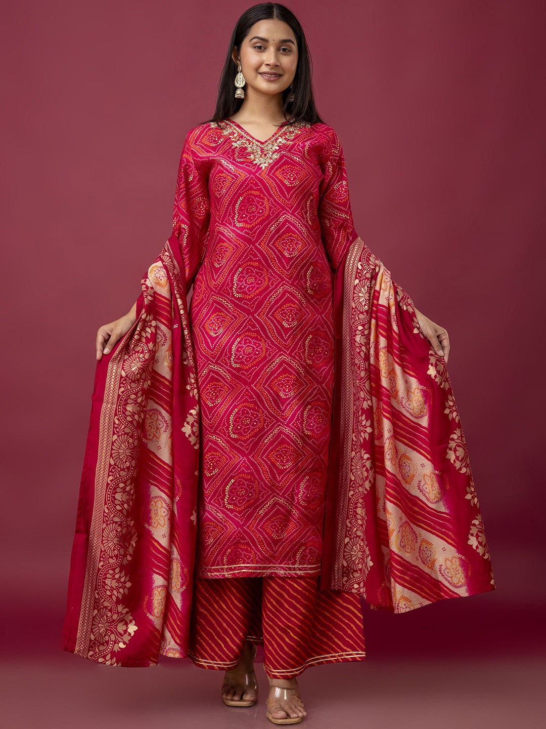 Chandbaali Bandhani Printed Regular Straight Kurta with Palazzos & Dupatta, Pink