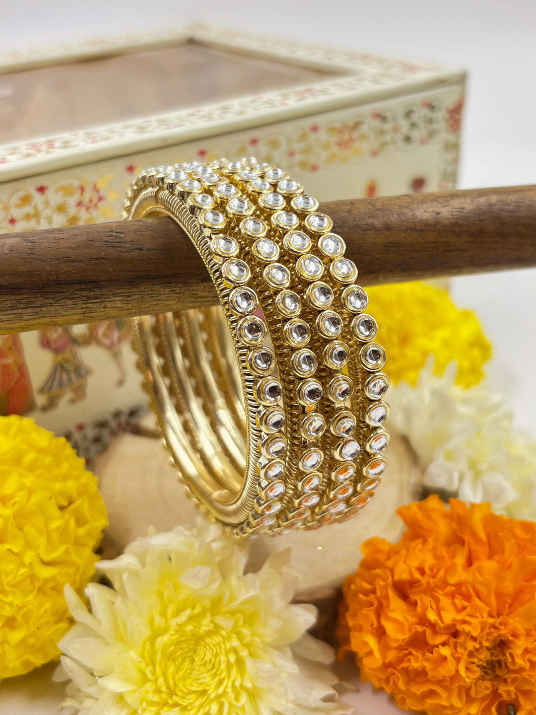 

Wedding Chuda by Hitesh Set Of 4 Kundan Stone Studded Meenakari Bangles, Gold