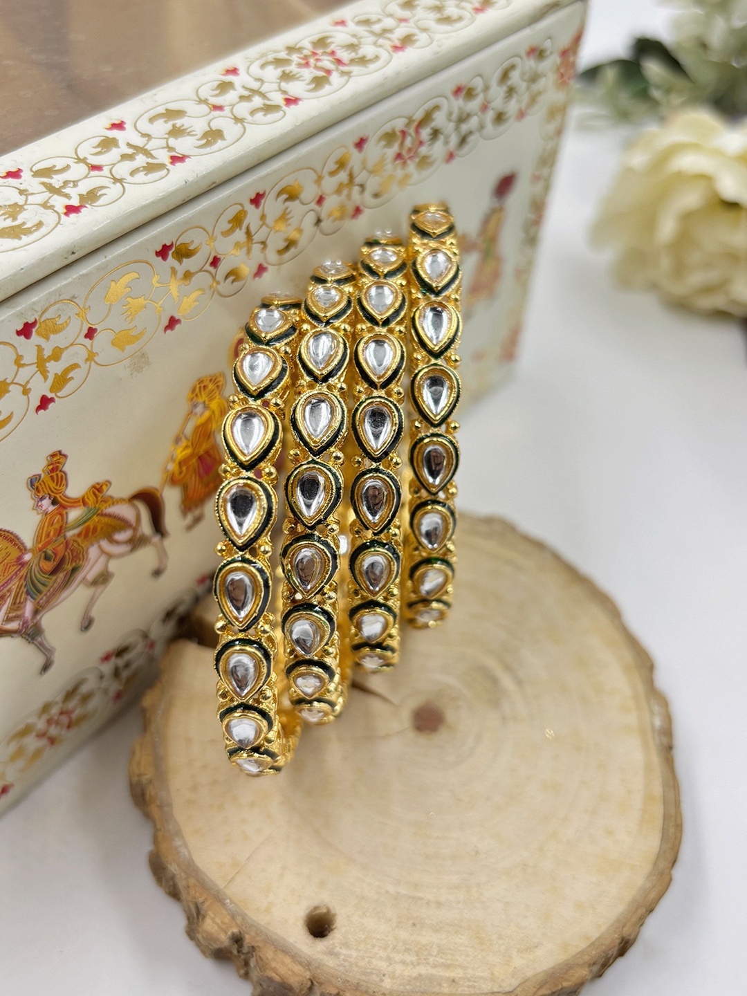 

Wedding Chuda by Hitesh Set Of 4 Kundan Stone Studded Meenakari Bangles, Gold