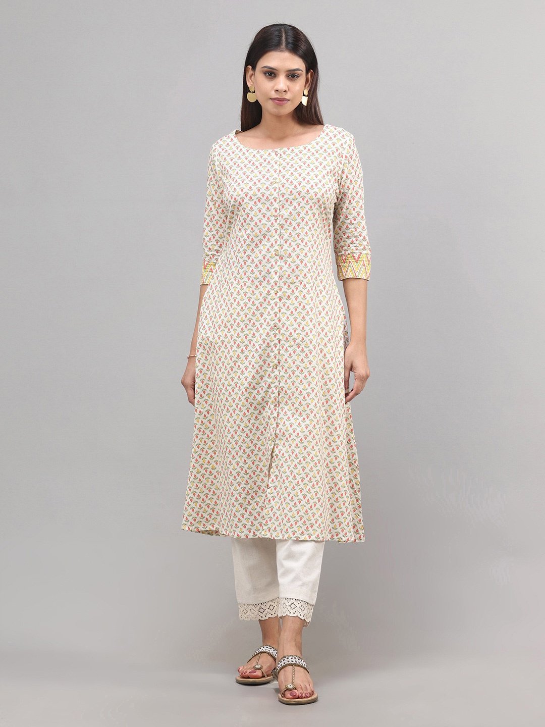 

Vismay Women Floral Printed Cotton A-Line Kurta, Beige