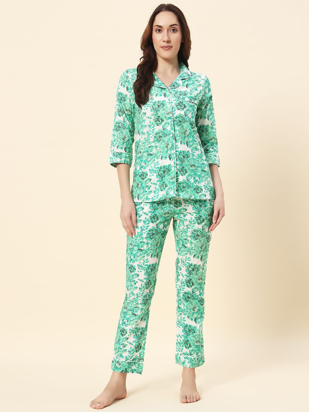 

HERE&NOW Women Floral Printed Pure Cotton Night Suits, Green
