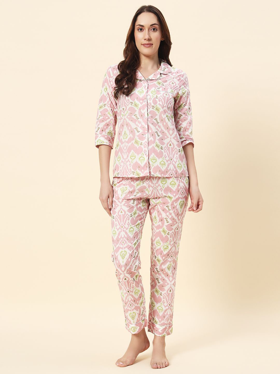 

HERE&NOW Women Printed Pure Cotton Shirt & Trouser Night Suits, Pink