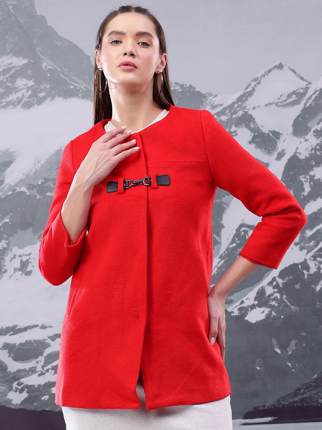 

Kotty Women Mandarin Collar Single-Breasted Overcoat, Red