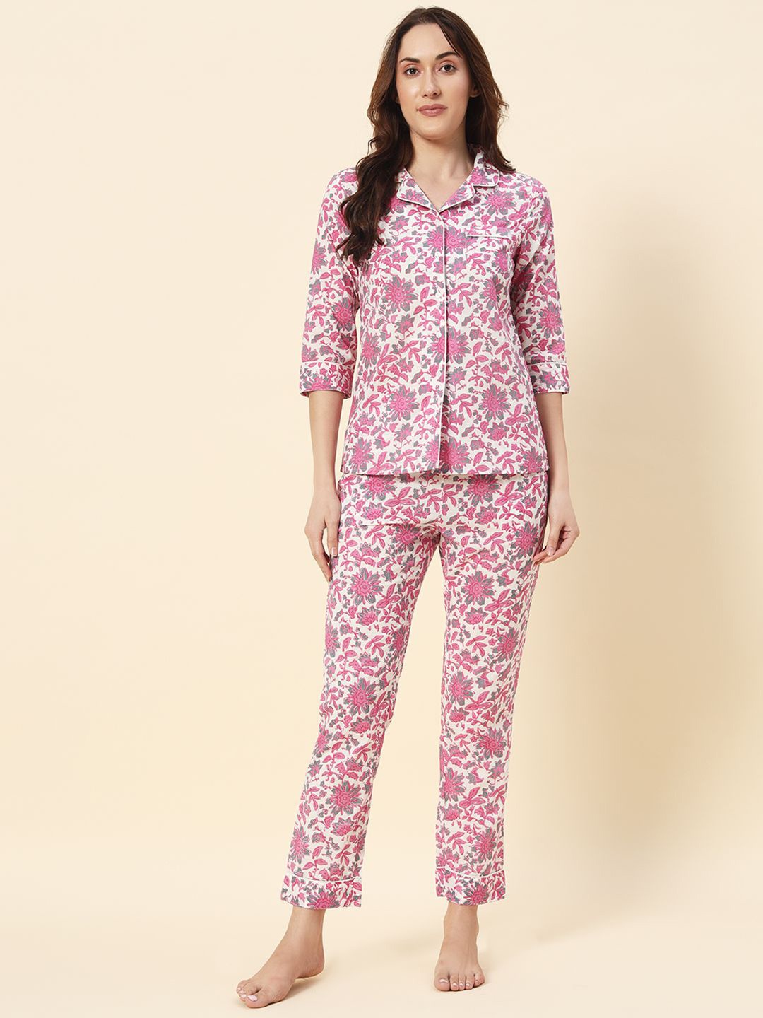 HERE&NOW Printed Pure Cotton Shirt & Trouser Night Suits, Pink