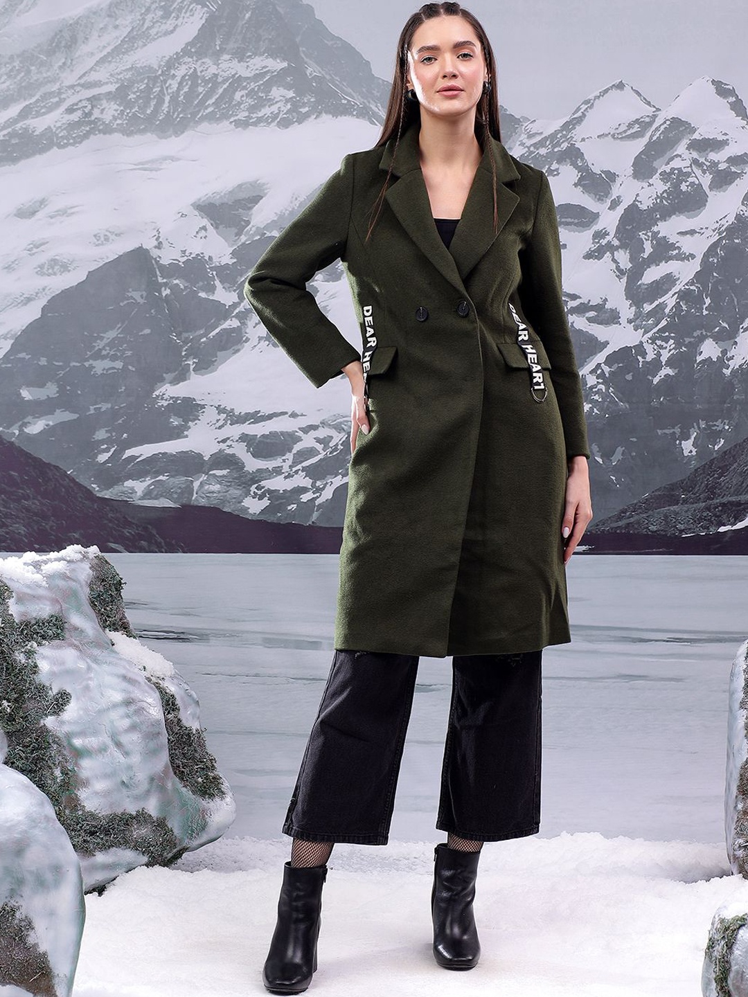 

Kotty Women Notched Lapel Cotton Single-Breasted Overcoat, Green