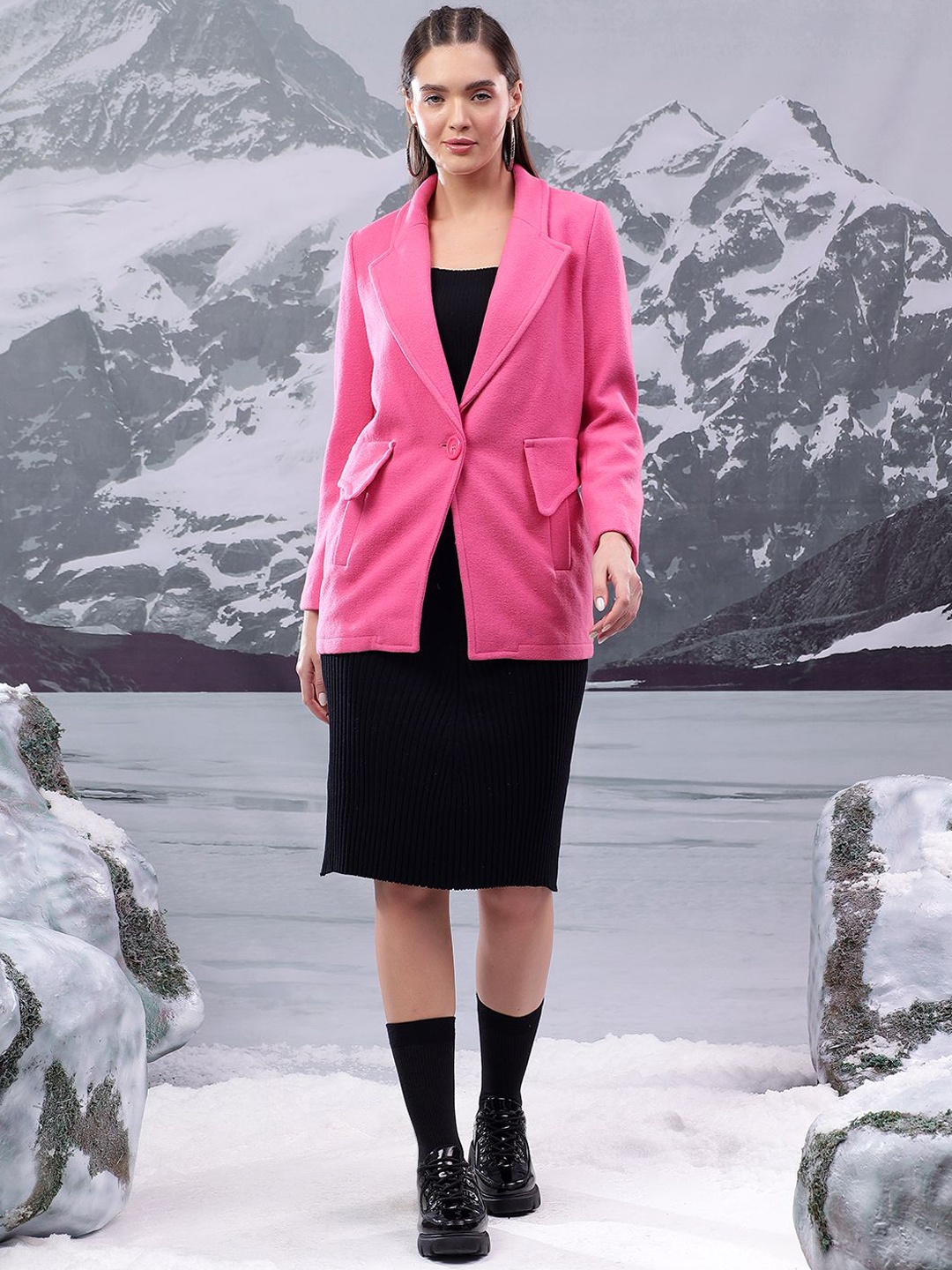 

Kotty Women Notched Lapel Single-Breasted Overcoat, Pink