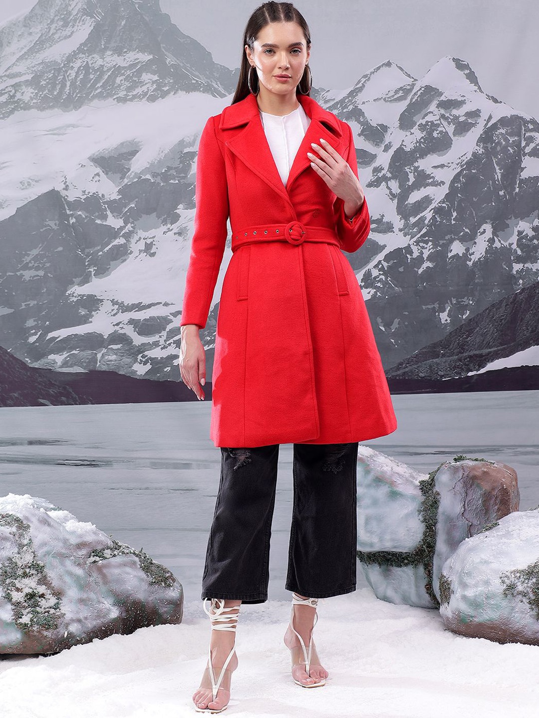 

Kotty Women Notched Lapel Single-Breasted Overcoat, Red